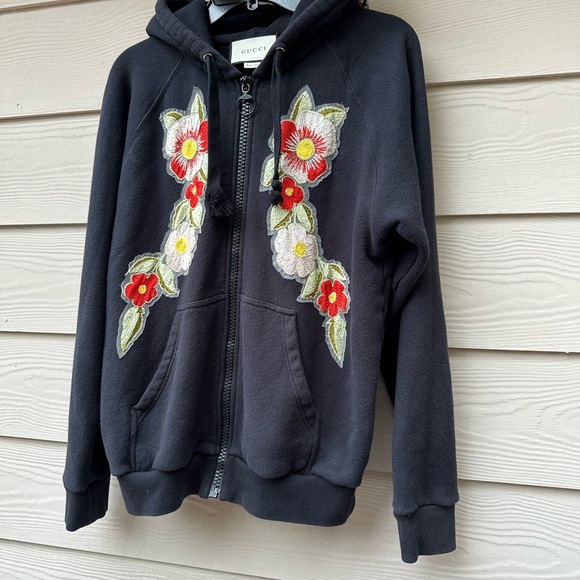 Gucci Black & Multicolor Floral Embroidered Cotton Zip-Up Hoodie - Picture 5 of 14